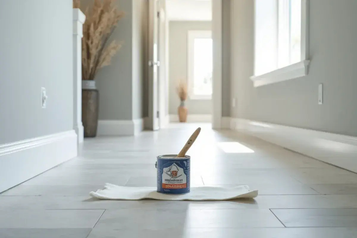 New porcelain tile and freshly painted baseboard in a rebuilt Jacksonville, FL hallway